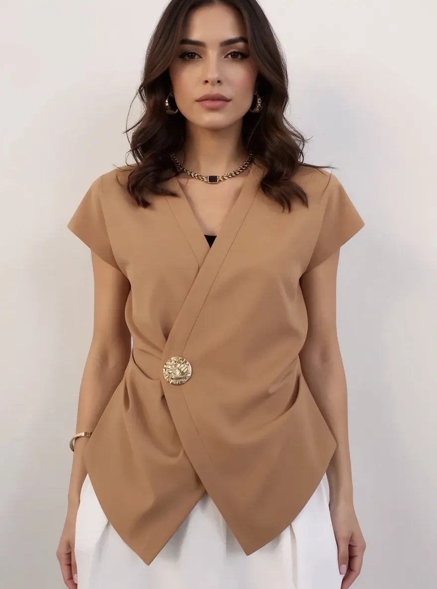 Sarah Express Women's Plus Size Wrap Front Blouse with Decorative Button Detail Camel