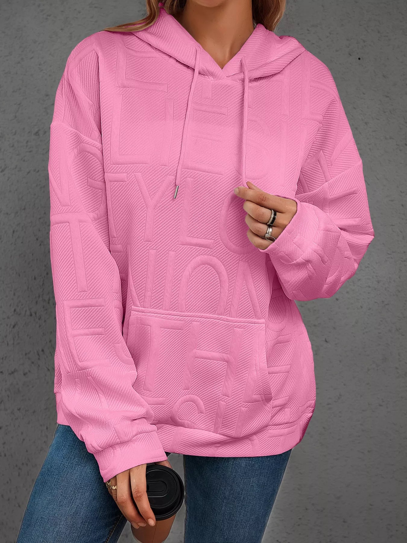 Sarah Express Women's Textured Embossed Long Sleeve Hoodie Plus Size Pink