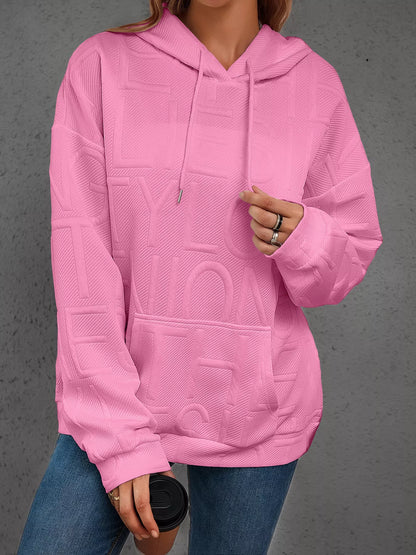 Sarah Express Women's Textured Embossed Long Sleeve Hoodie Plus Size Pink