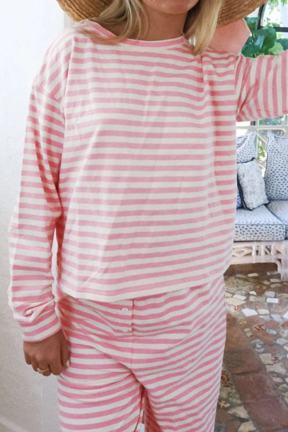 Sarah Express Women's Striped Round Neck Top and Pants Set - Two Piece Outfit