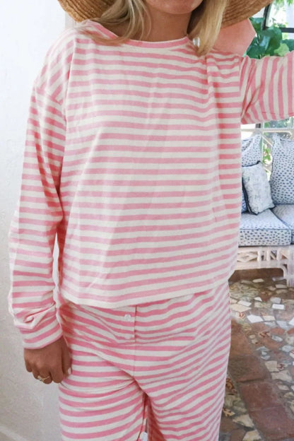 Sarah Express Women's Striped Round Neck Top and Pants Set - Two Piece Outfit