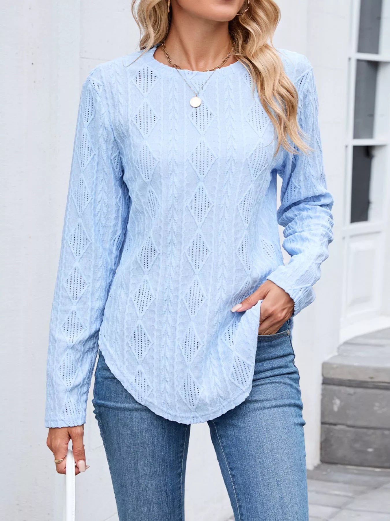Sarah Express Women's Openwork Textured Long Sleeve Top Light Blue