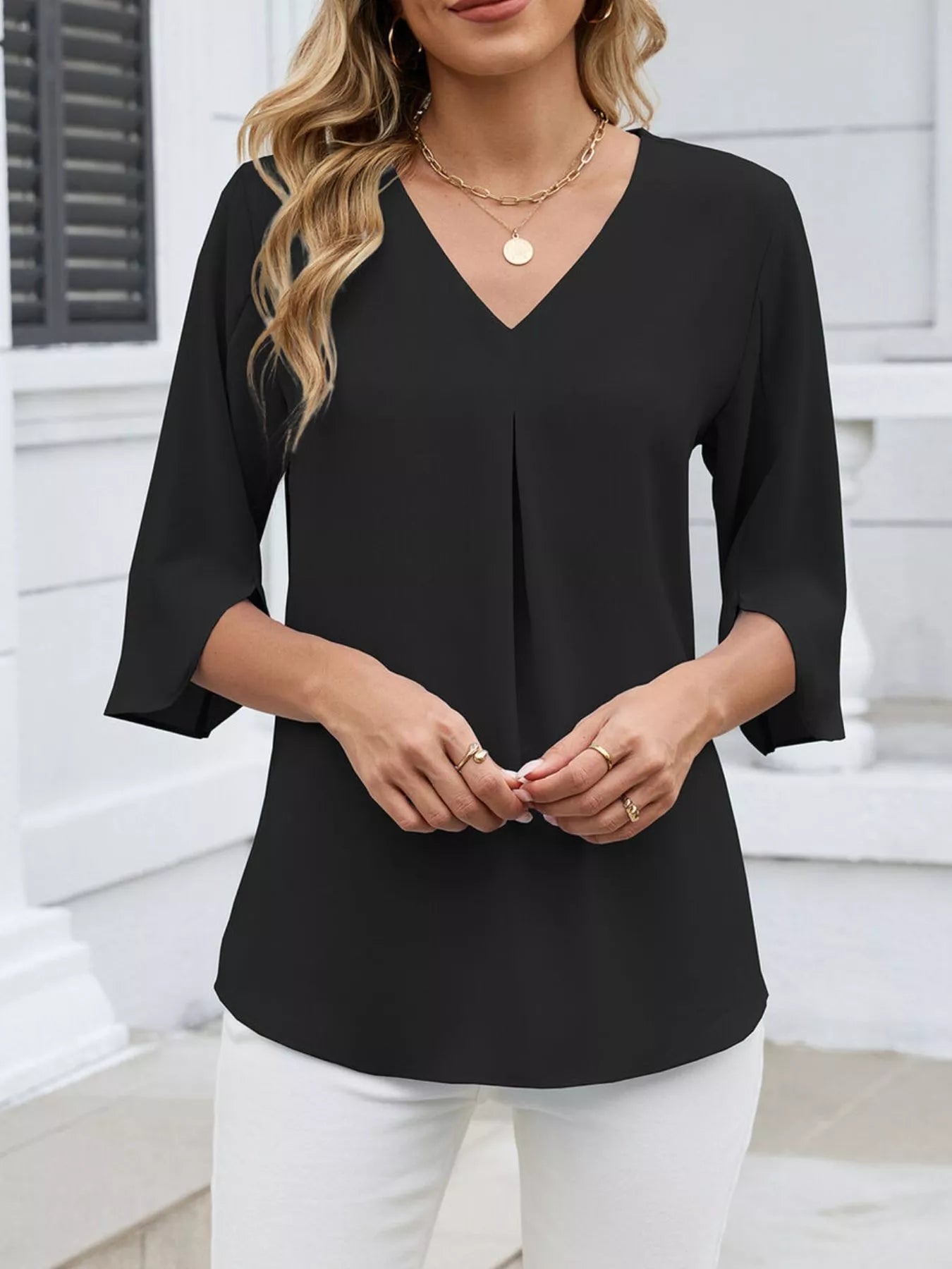 Sarah Express Women's V-Neck 3/4 Sleeve Blouse