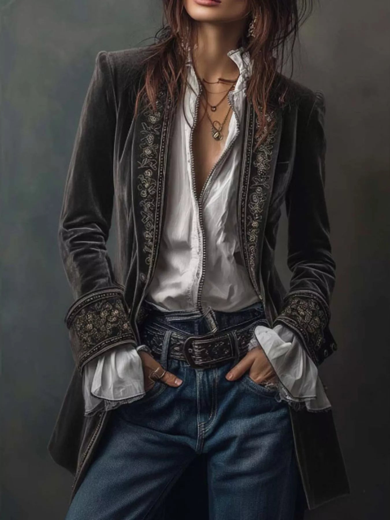 Sarah Express Women's Embroidered Velvet Jacket - Long Sleeve Outerwear Dark Gray