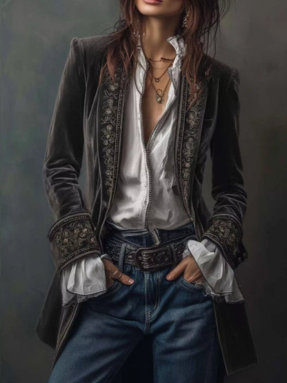 Sarah Express Women's Embroidered Velvet Jacket - Long Sleeve Outerwear Dark Gray