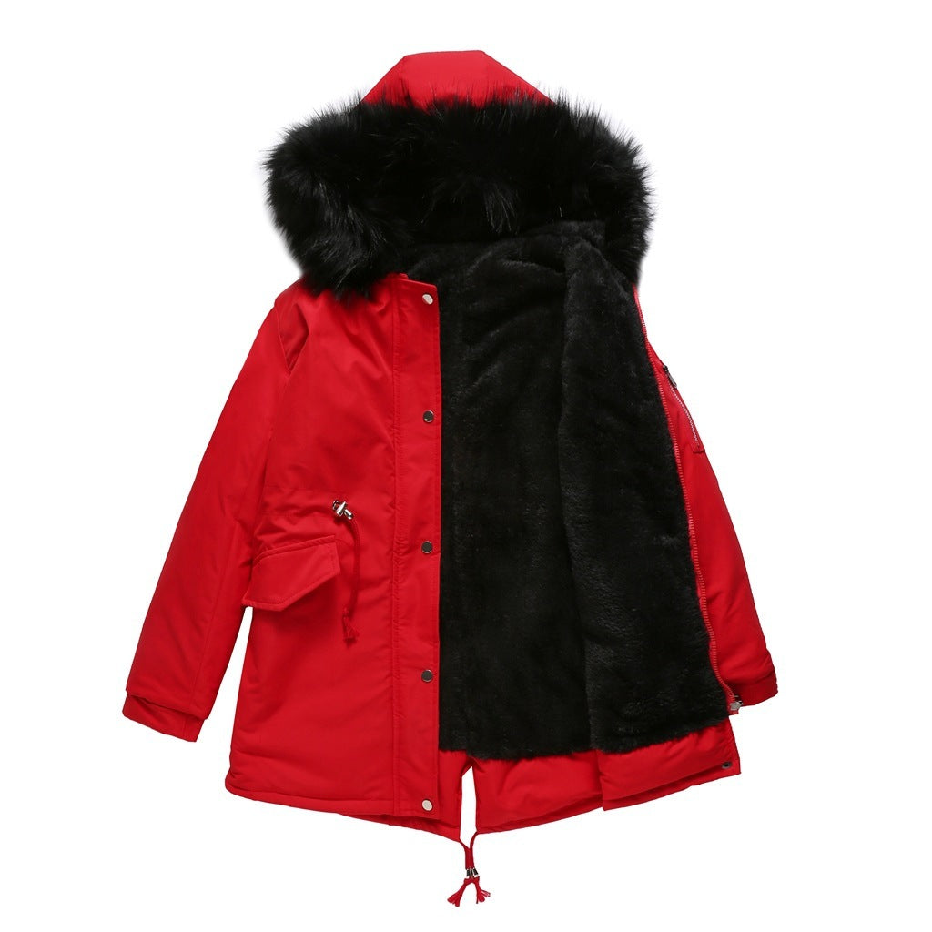 Sarah Express Women's Mid-Length Cotton Padded Hooded Parka Coat Loose Fit Winter Jacket