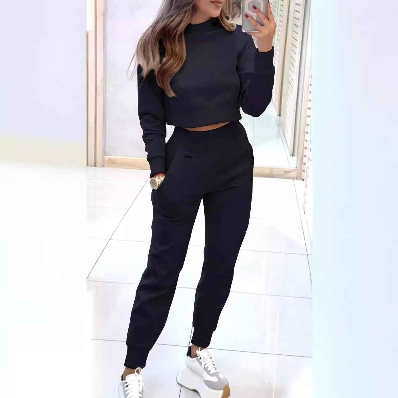 Sarah Express Women's Stand Collar Sports Suit Set - Pullover Top & Slim Trousers with Pockets Solid Color Tracksuit