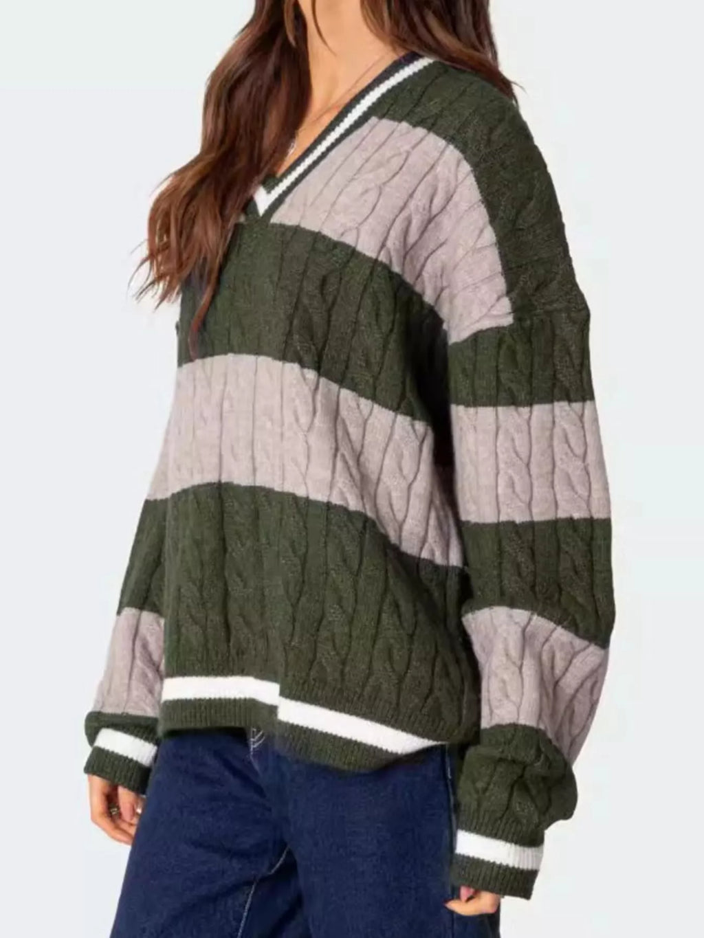 Sarah Express Women's Striped Cable Knit V-Neck Sweater - Oversized Fit