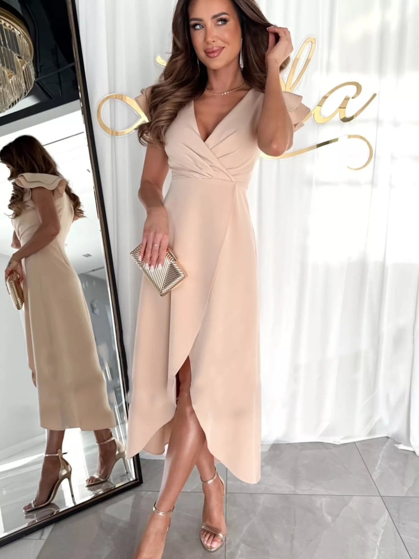 Sarah Express Women's Ruffle Sleeve Wrap Midi Dress