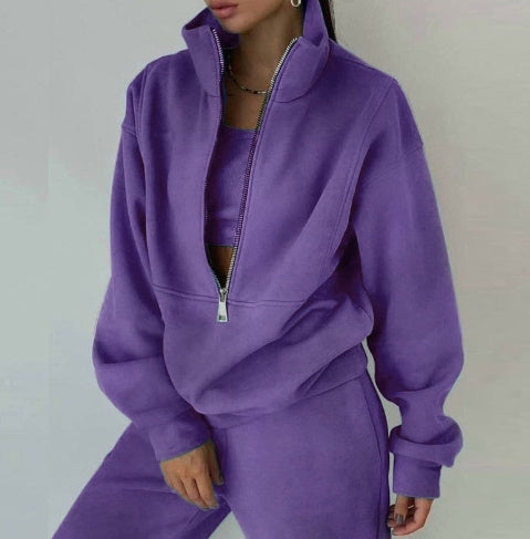 Sarah Express Fleece Sports Casual Three Piece Set Athleisure