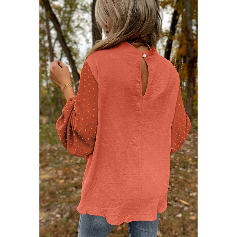 Sarah Express Round Neck Chiffon Blouse Long Sleeve Solid Color Casual Top