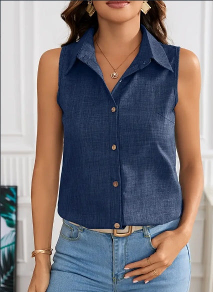 Sarah Express Women's Sleeveless Button Front Collar Blouse Summer Top