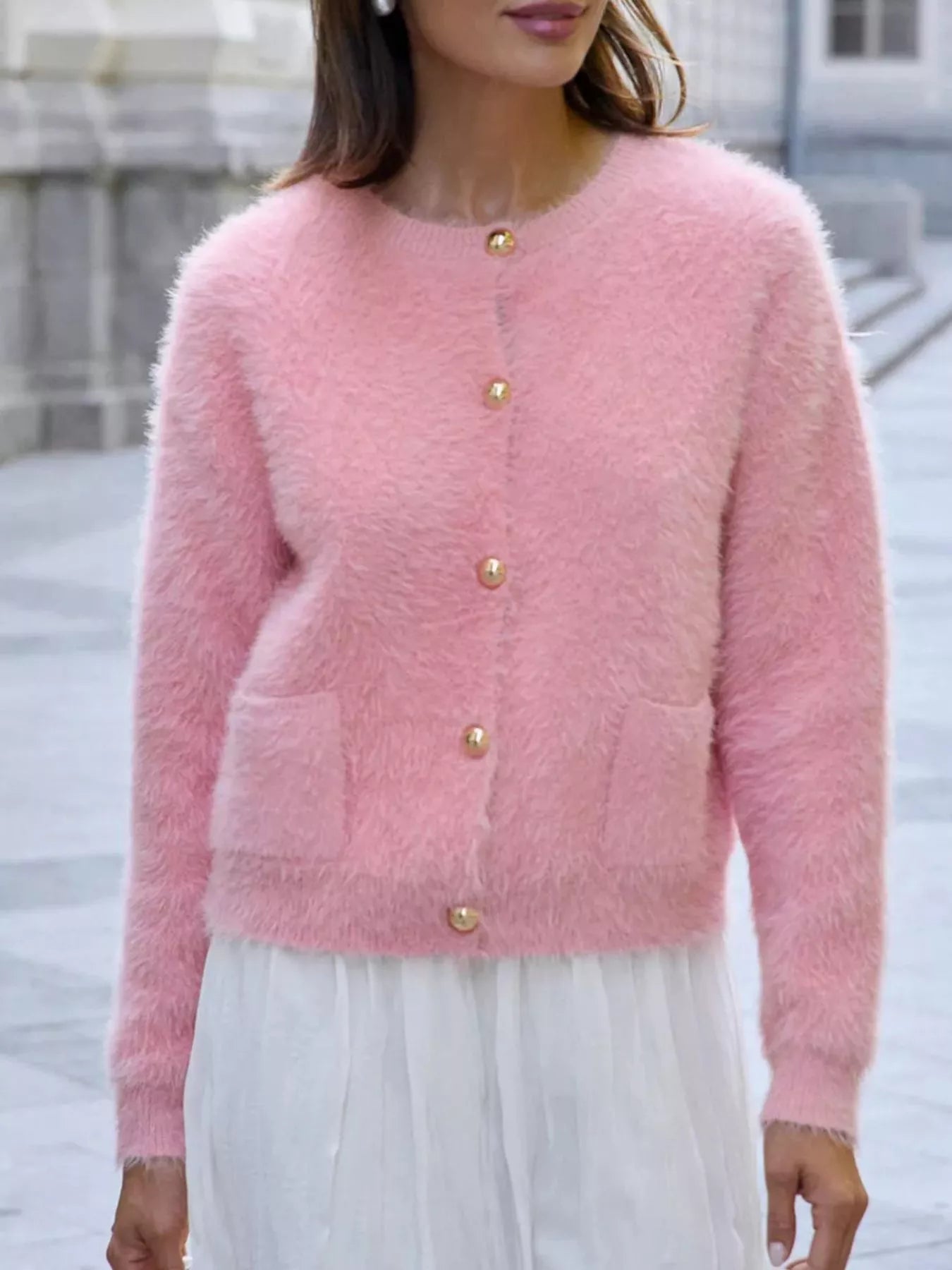 Sarah Express Women's Fluffy Knit Button Up Cardigan