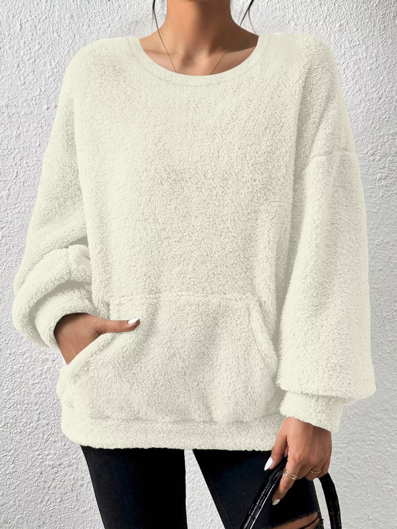 Sarah Express Women's Fleece Round Neck Dropped Shoulder Sweatshirt Plus Size Cream