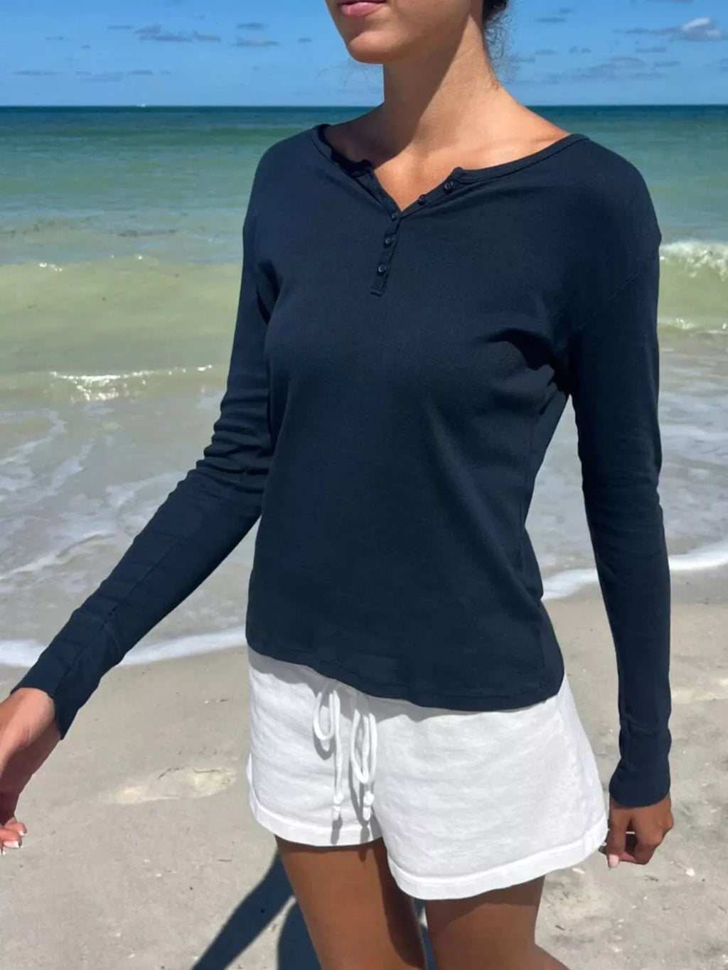 Sarah Express Women's Striped Long Sleeve Henley T-Shirt