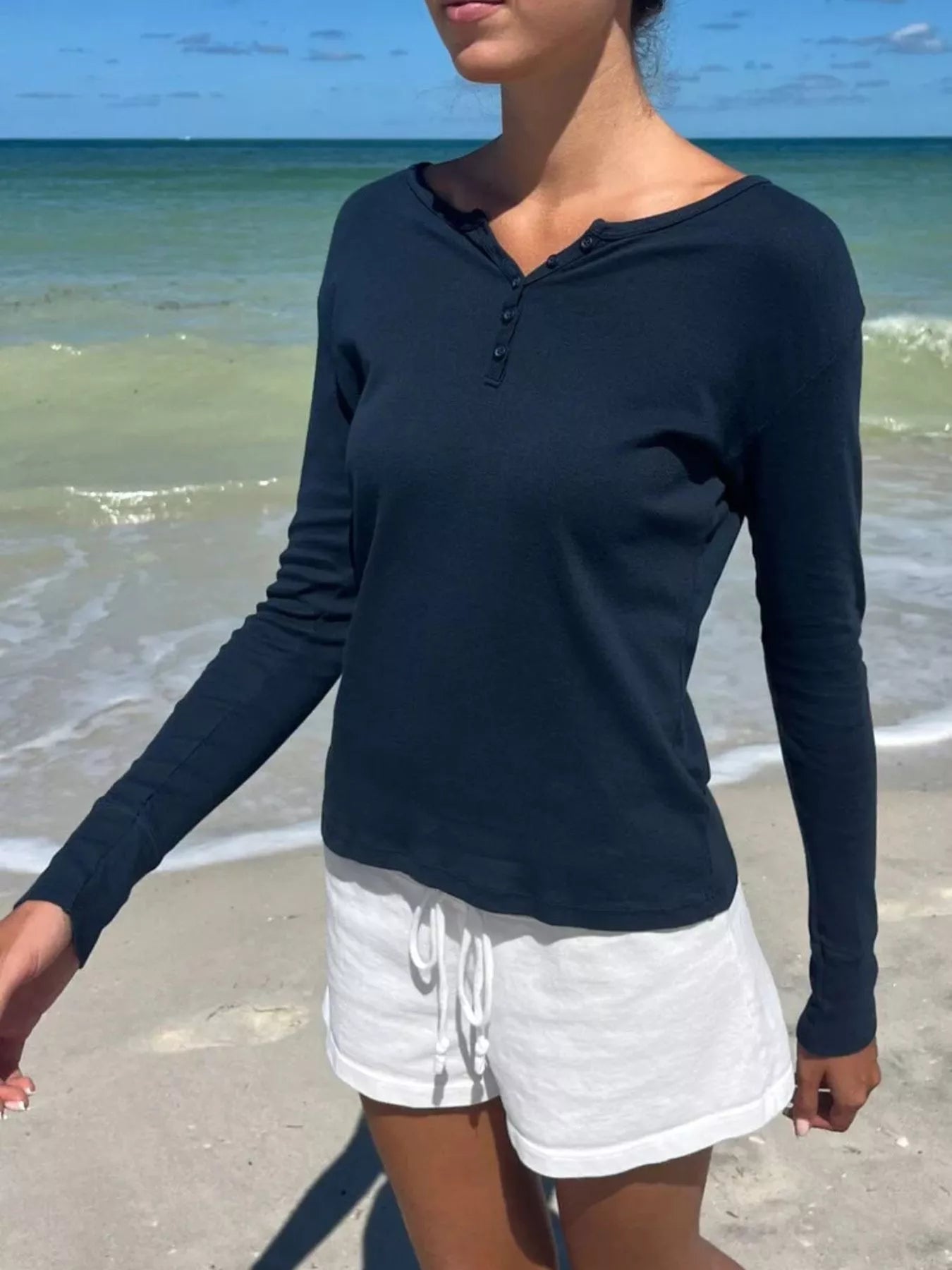 Sarah Express Women's Striped Long Sleeve Henley T-Shirt