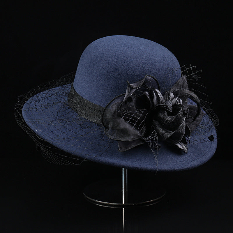 Sarah Express Women's Woolen Cloche Hat Floral Net Veil Dome Style