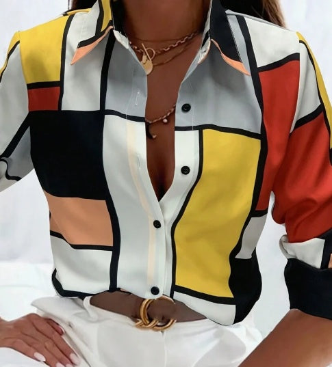 Sarah Express Colorblock Printed Button Front Shirt Women's Long Sleeve Casual Top