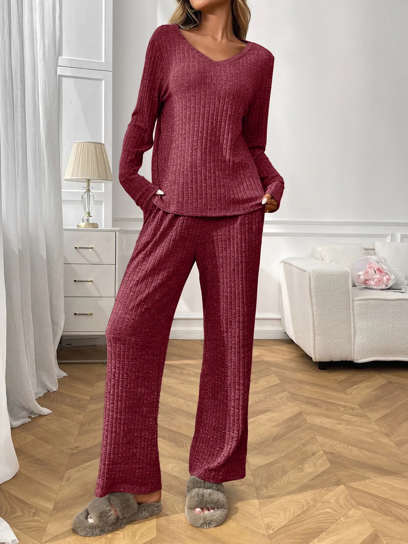 Sarah Express Women's Ribbed Long Sleeve Top and Pants Lounge Set Wine Red