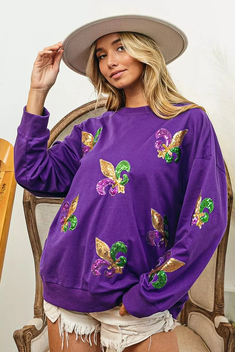 Sarah Express Women's Fleur De Lis Sequin Patches Mardi Gras Sweatshirt