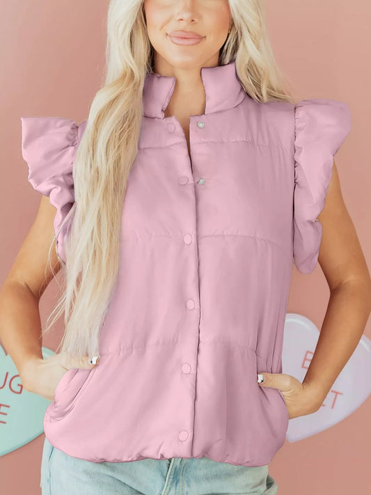 Sarah Express Women's Stand Neck Flutter Sleeve Snap Button Puffer Vest Dusty Pink