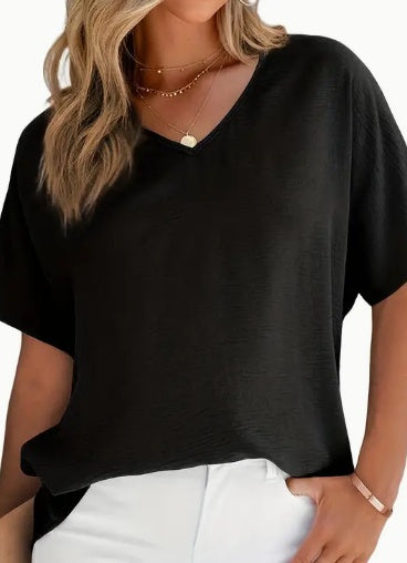 Sarah Express Women's Solid V-Neck Short Sleeve Blouse Casual Polyester Top