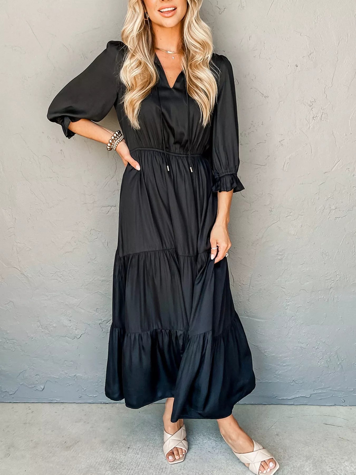 Sarah Express Women's Flounced Bracelet Sleeve V Neck Tiered Dress - Elegant Casual Summer Dress