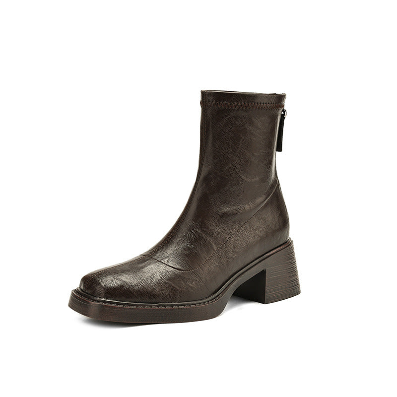 Sarah Express Slimming Versatile Chunky Mid-heel Square-toe Ankle Boots For Women Brown Single Liner