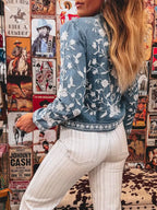 Sarah Express Women's Floral Embroidered Button Up Denim Shirt