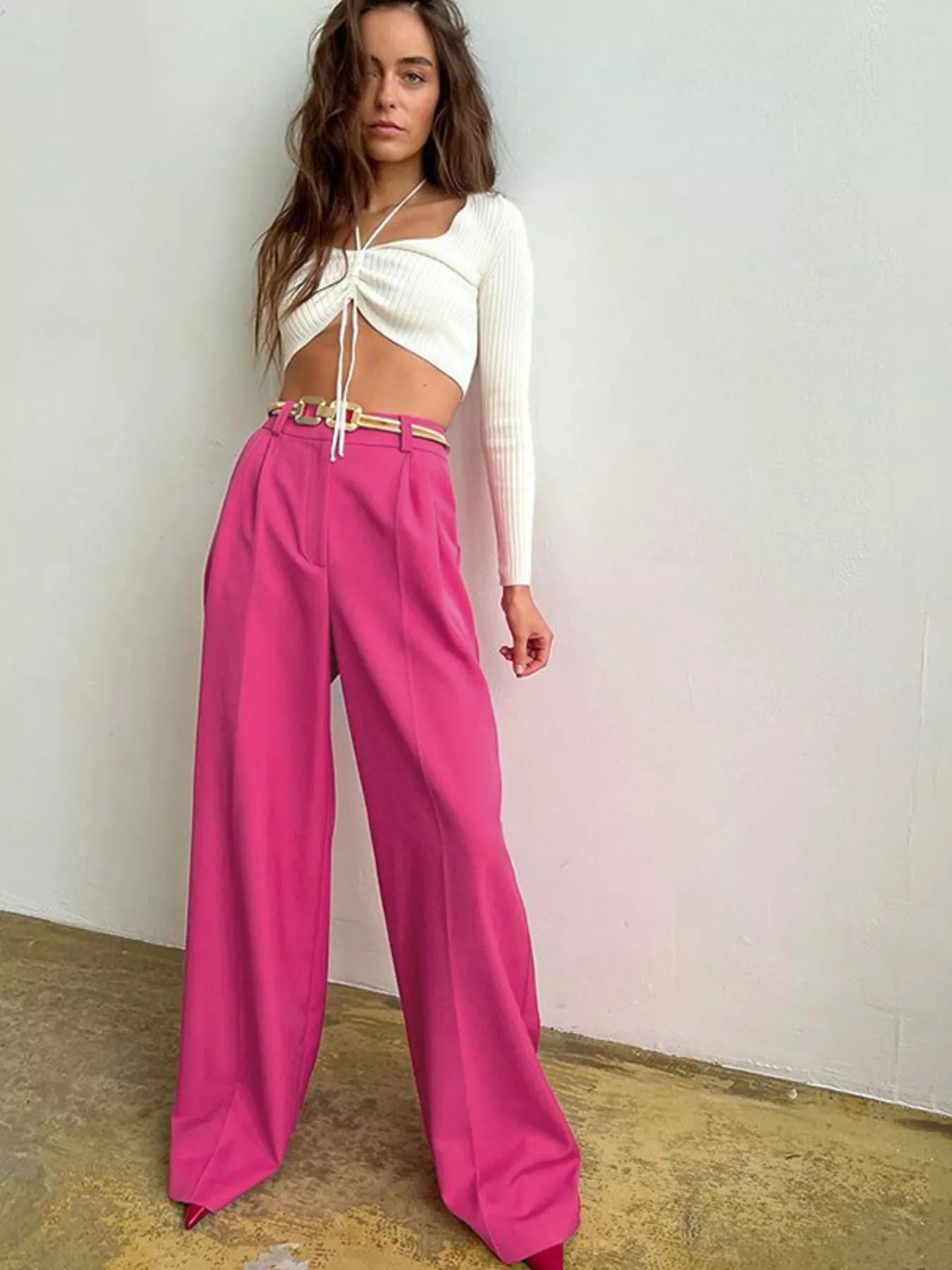 Sarah Express Women's Wide Leg Pleated Pants with Pockets - High Waist Palazzo Trousers