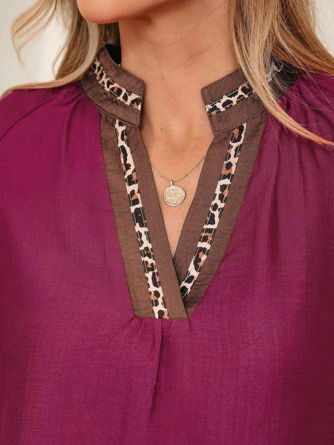 Sarah Express Women's Leopard Trim V-Neck Blouse - Flounced Bracelet Sleeve Top