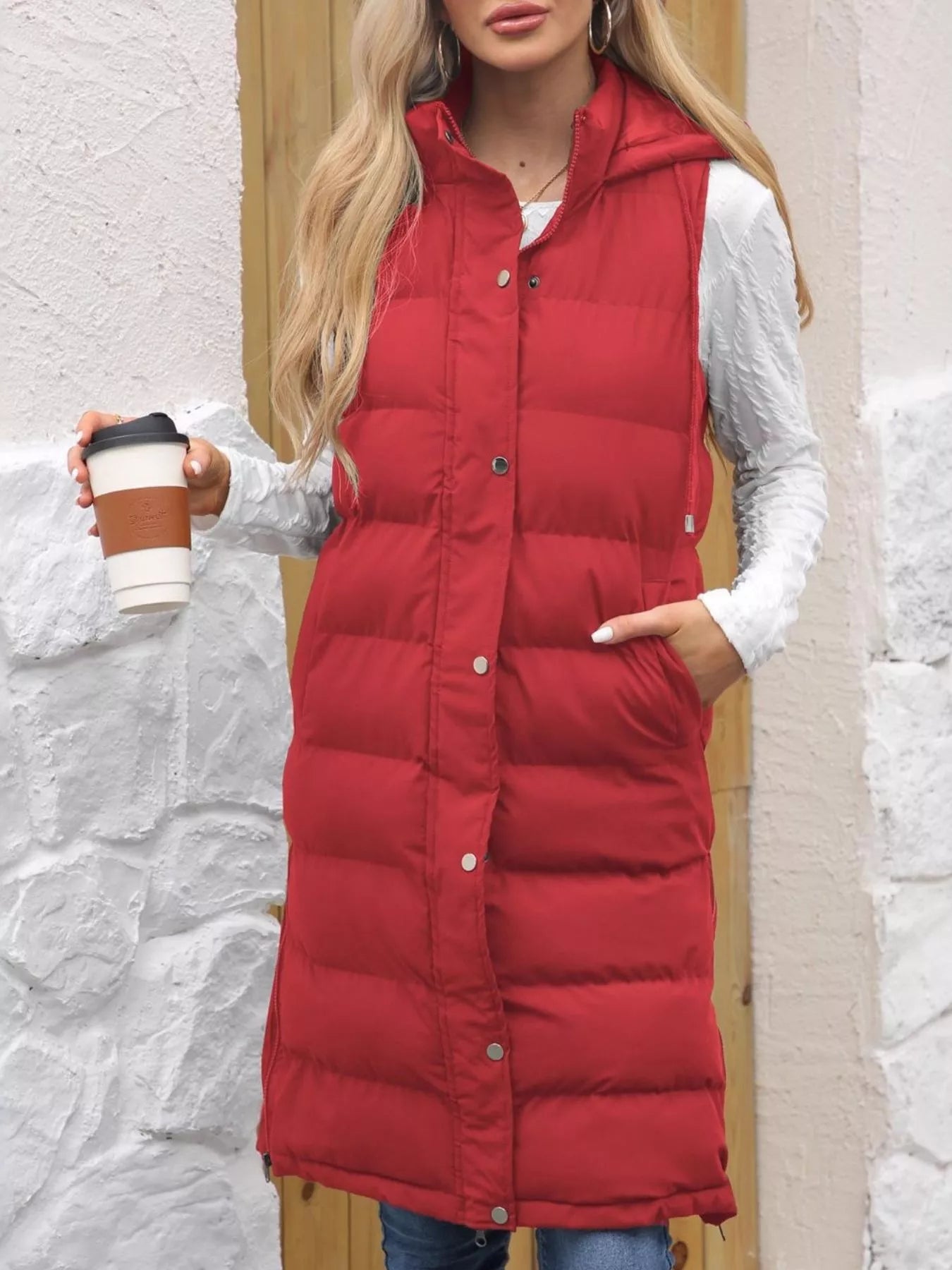 Sarah Express Women's Snap Down Hooded Padded Longline Vest Coat Red