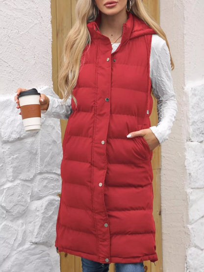 Sarah Express Women's Snap Down Hooded Padded Longline Vest Coat Red