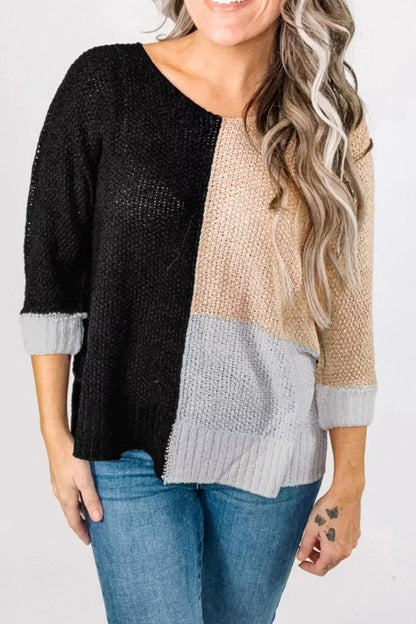 Sarah Express Women's Color Block Knit V Neck Loose Sweater - Ribbed Oversized Pullover