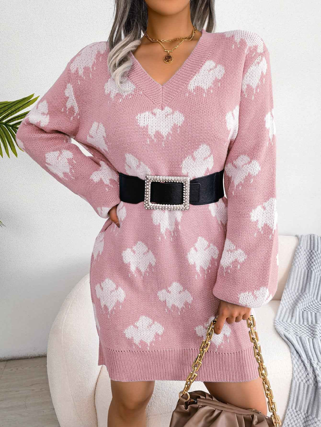 Sarah Express Women's Color Block Lantern Sleeve Knit Sweater Dress Pink