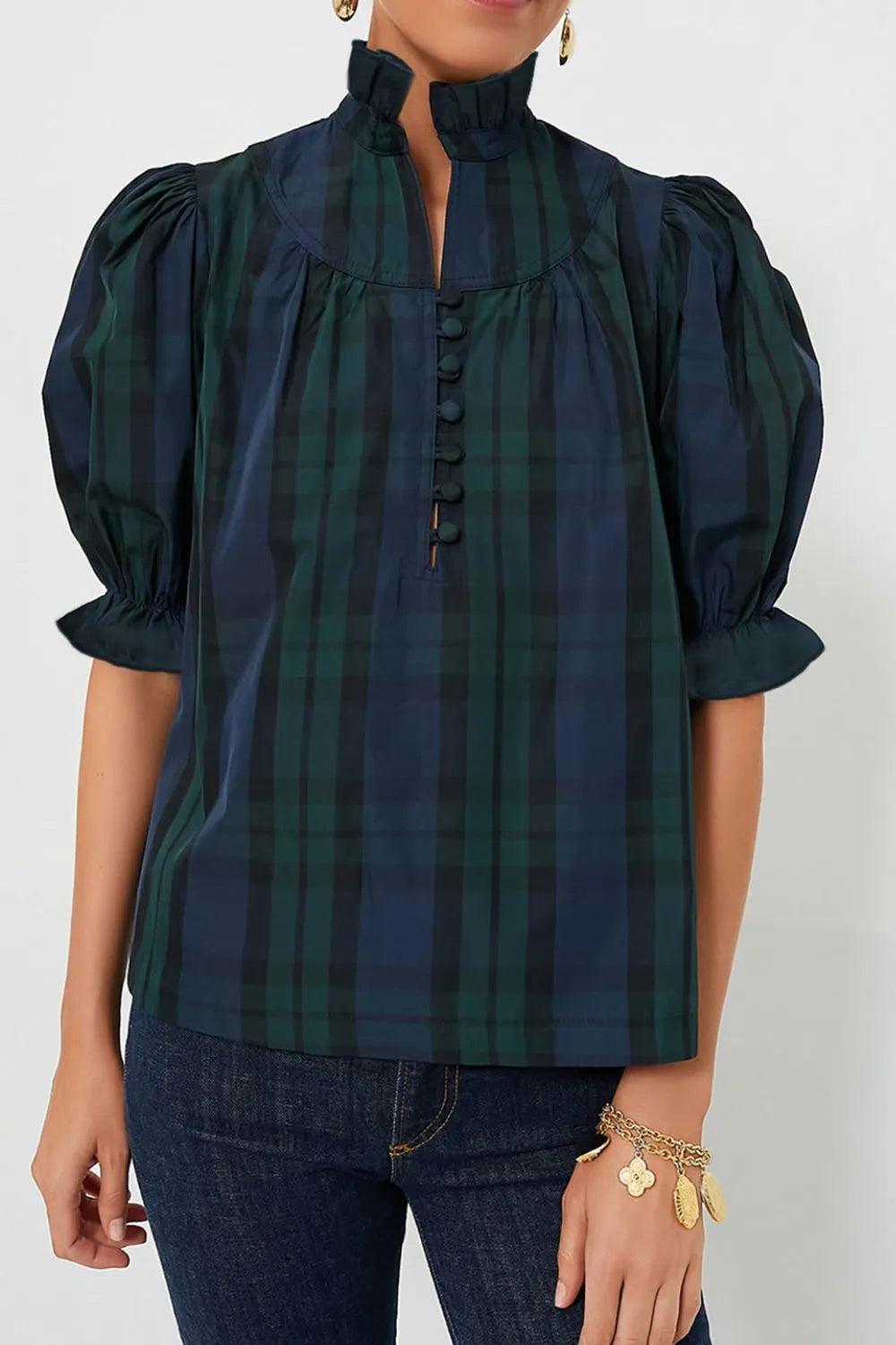 Sarah Express Women's Puff Sleeve Frilled Trim Elegant Blouse Plaid