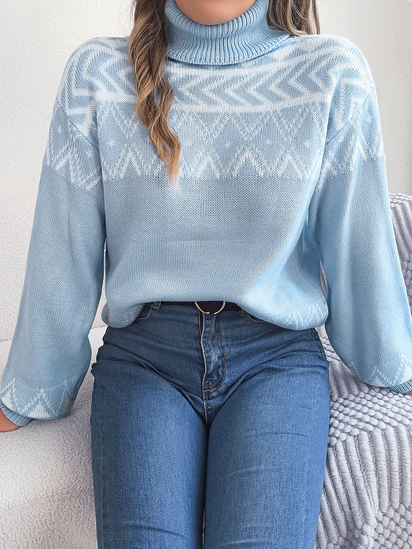 Sarah Express Women's Ethnic Style Vintage Jacquard Turtleneck Sweater with Lantern Sleeves