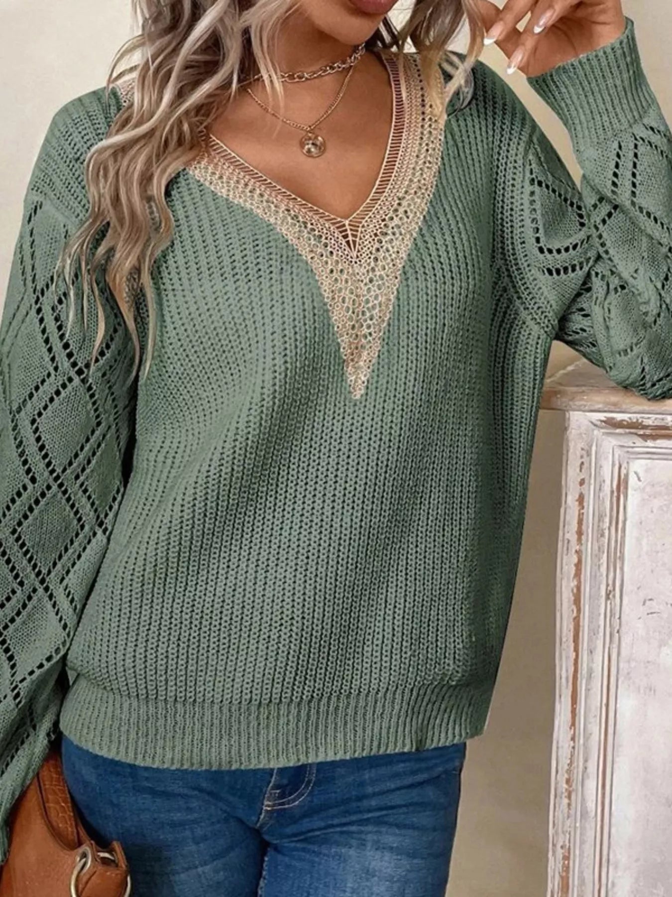 Sarah Express Women's V-Neck Openwork Sweater