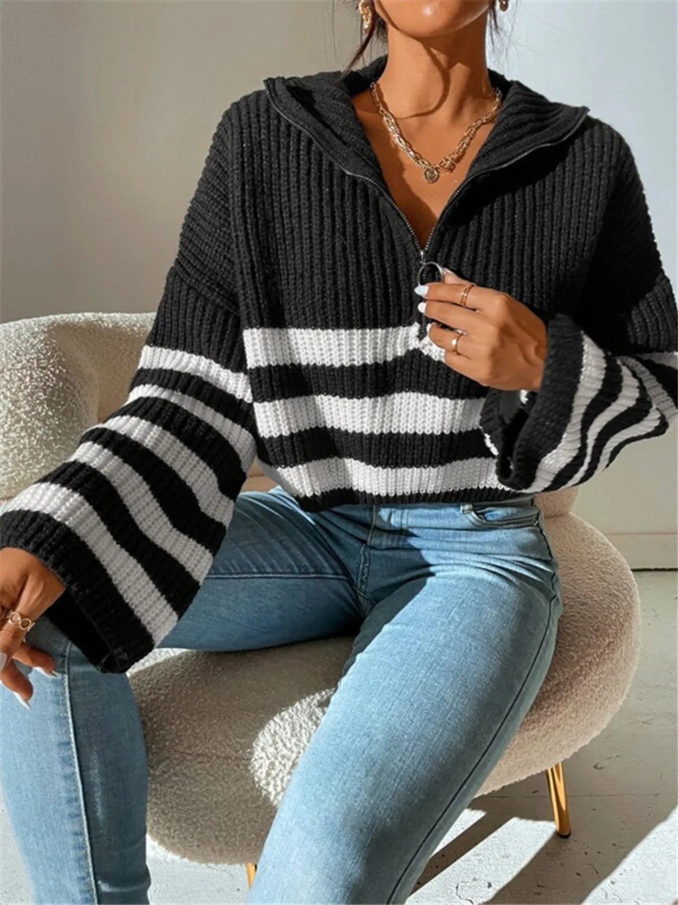 Sarah Express Women's Striped Half Zip Cropped Sweater