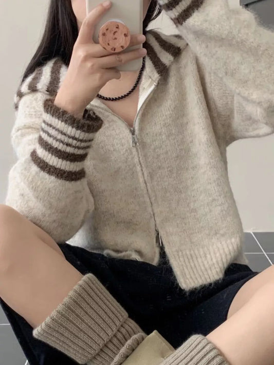 Sarah Express Women's Striped Trim Zip-Up Knit Cardigan