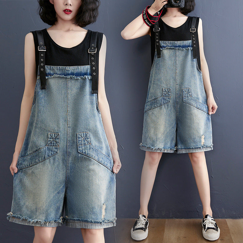 Sarah Express Women's Denim Overalls with Adjustable Suspenders Casual Jumpsuit Romper