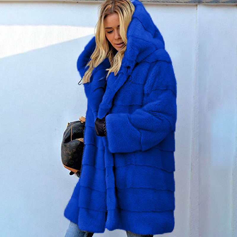 Sarah Express Plush Faux Fur Hooded Coat Loose Fit Medium Length