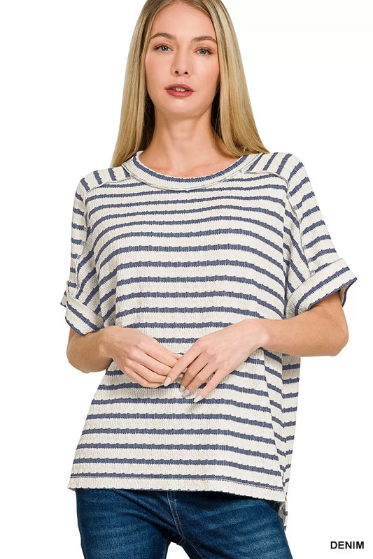 Sarah Express Women's Striped Short Sleeve Hi-Low Tee DENIM