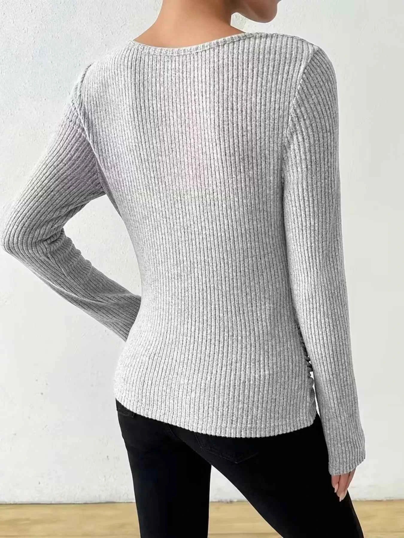 Sarah Express Women's Cowl Neck Ribbed Long Sleeve Sweater - Ruched Pullover Top