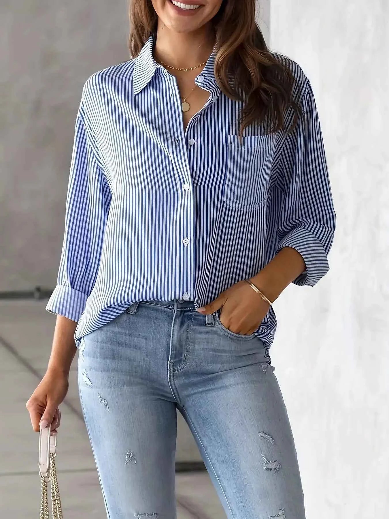 Sarah Express Women's Striped Relaxed Fit Button Up Shirt