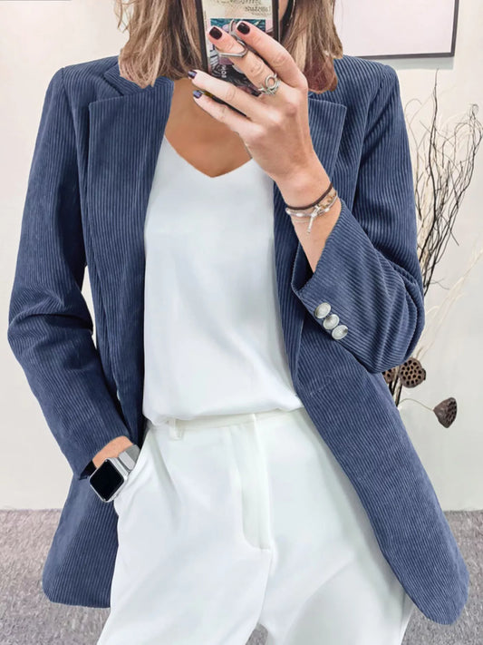 Sarah Express Women's Corduroy Lapel Collar Casual Blazer Blue Gray