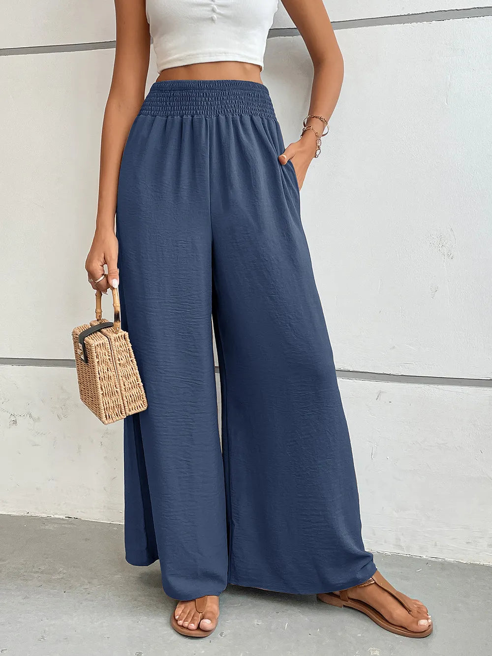 Sarah Express Women's Wide Leg Pants with Pockets - Perfee Dusty Blue