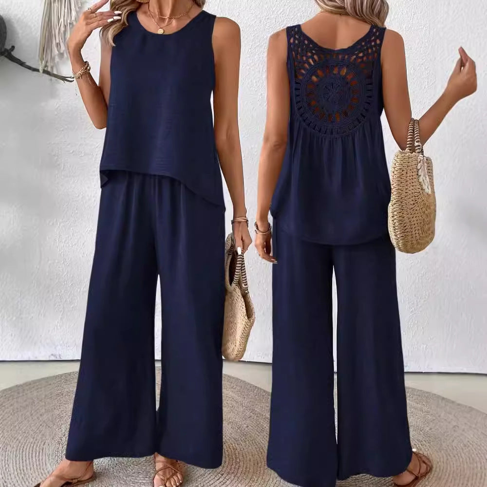 Sarah Express Women's Sleeveless Top and Pants Set with Lace Back Detail