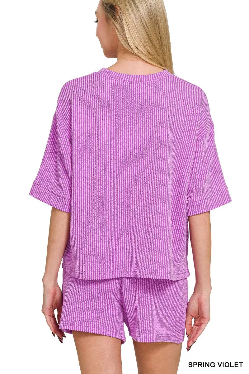 Sarah Express Women's Raised Rib Short Sleeve Tee and Drawstring Shorts Set