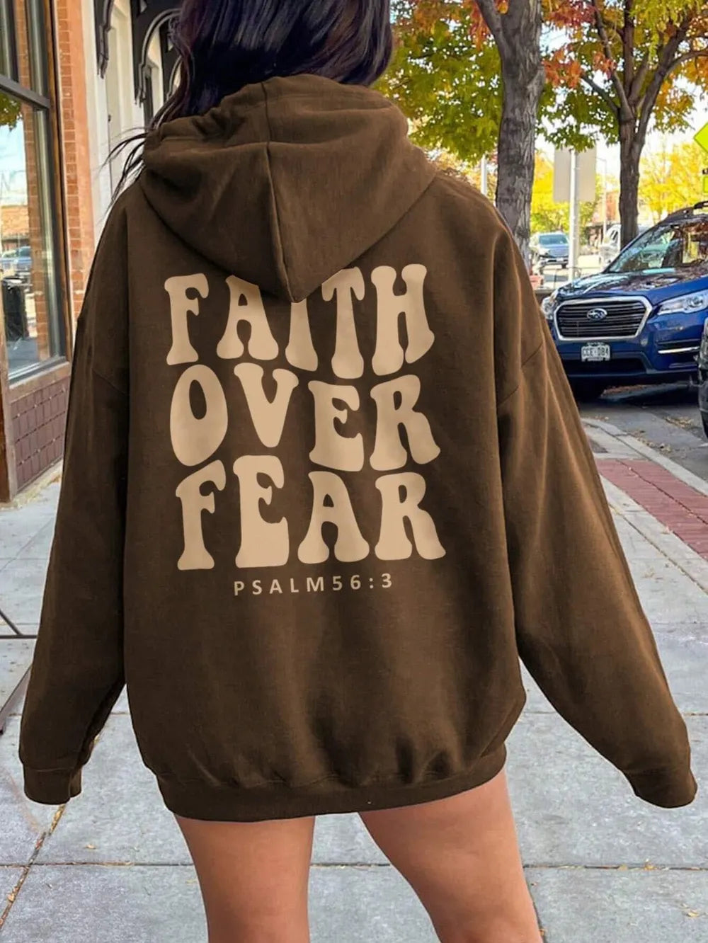 Sarah Express Women's FAITH OVER FEAR Dropped Shoulder Hoodie Dark Brown
